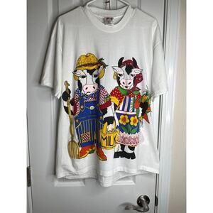 Vintage 90s EZL Cow Farmers Single Stitch Tshirt XL Puff Print 3D Rare One Size